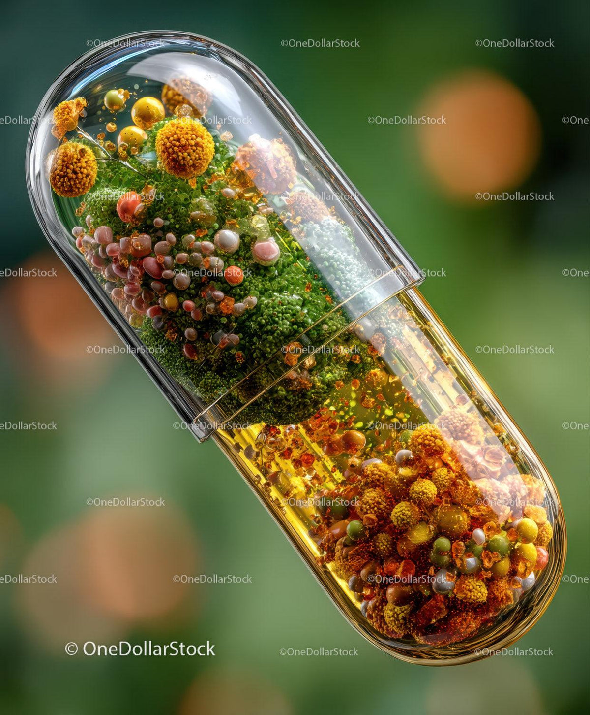 Transparent capsule filled with various colorful spherical particles against a green blurred background