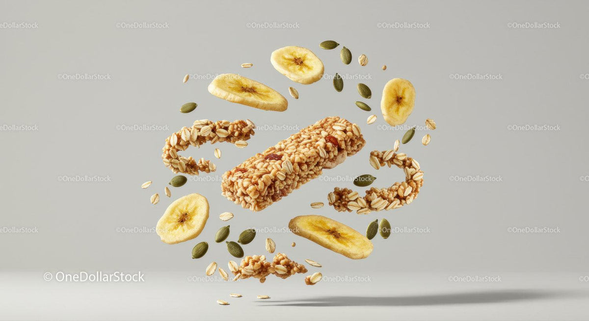 Granola bar with banana chips and seeds floating