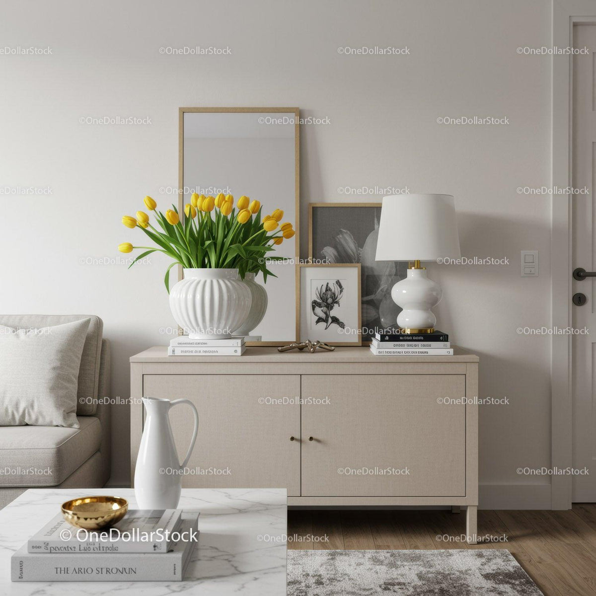 Elegant Modern Living Room with Yellow Tulips and Minimalist Decor