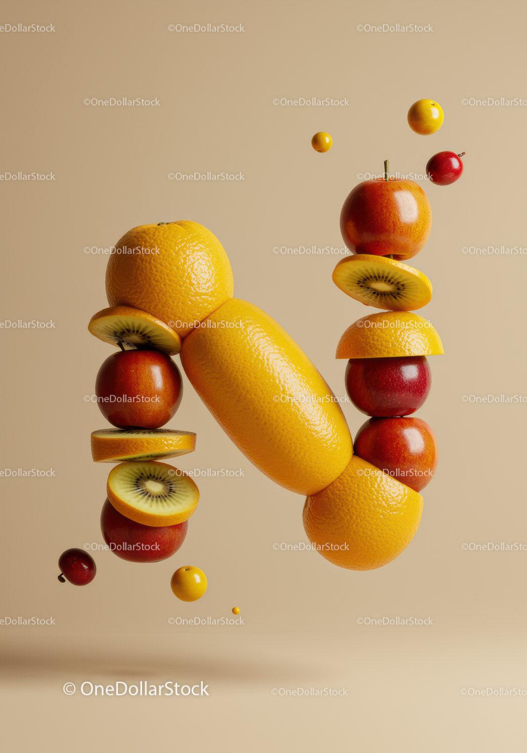 Creative letter N formed with floating fresh fruits