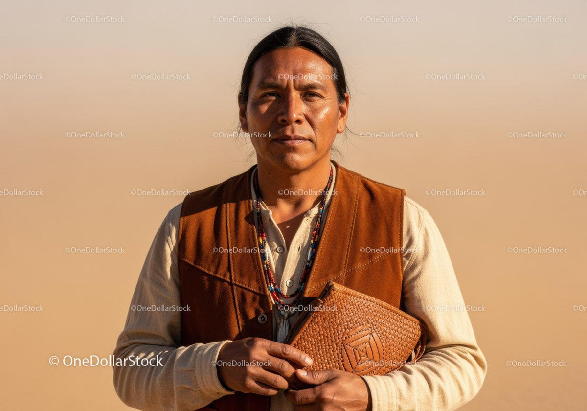 Portrait of a Native American Man with Traditional Attire in Sunny Desert Setting