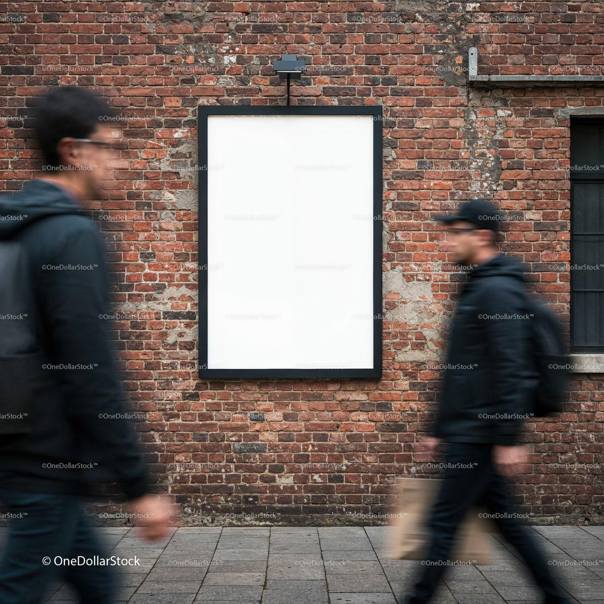 Blank advertising board on brick wall with blurred pedestrians JPG Mockup Image preview