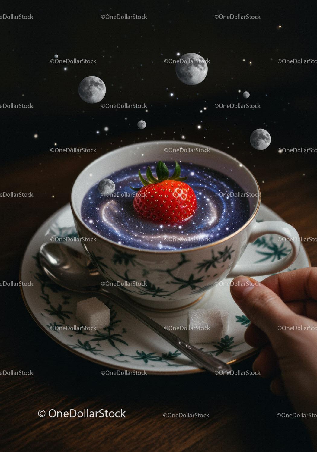 Strawberry Floating in Cosmic Galaxy Tea Cup