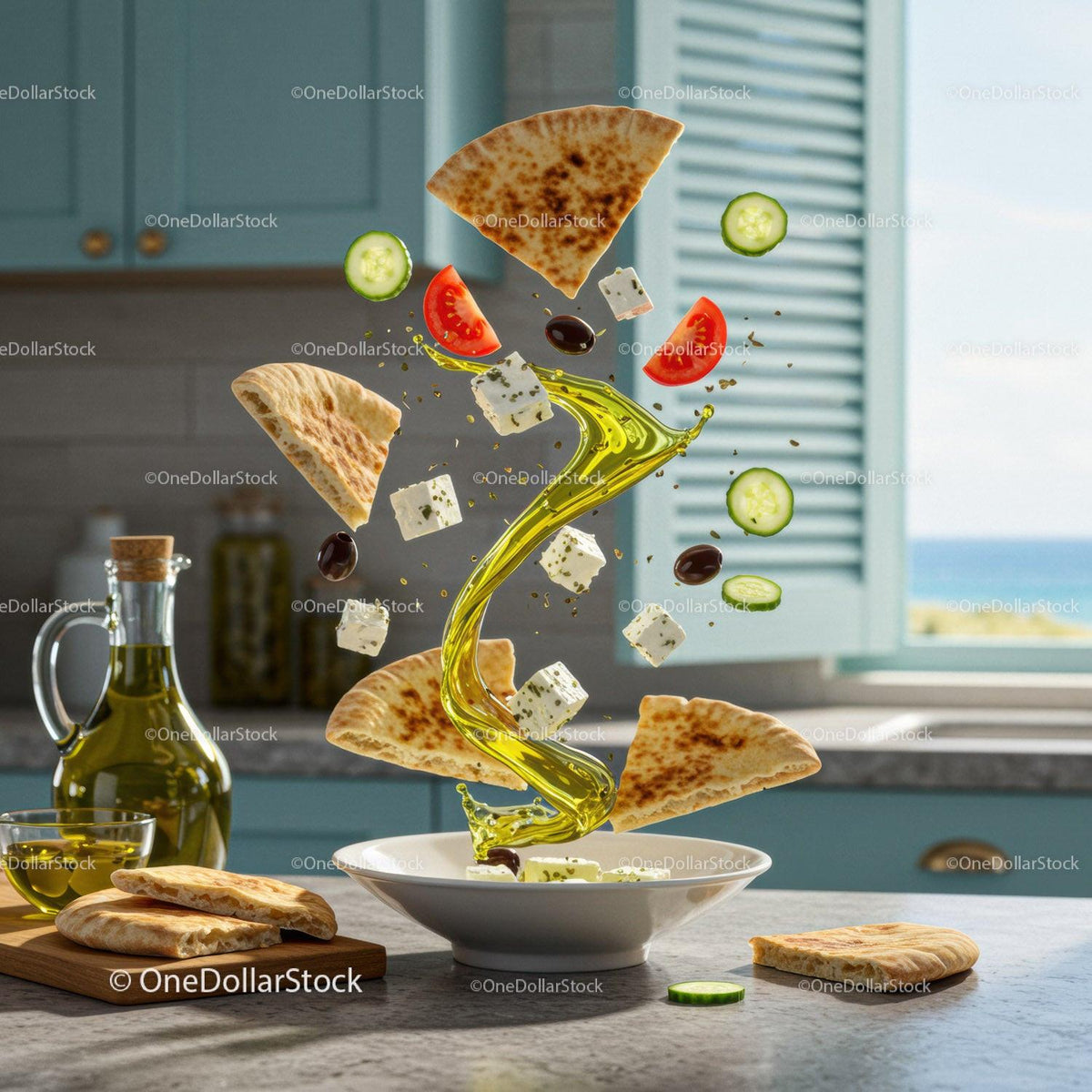 Mediterranean Salad Ingredients Floating Over Bowl