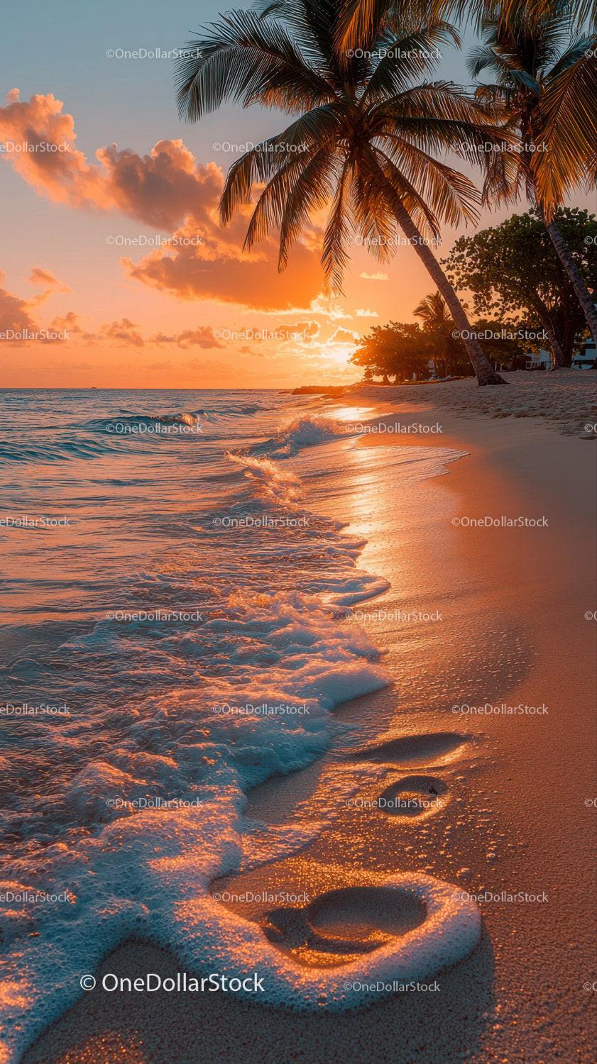 Beautiful Sunset Over Tropical Beach with Palm Trees and Ocean