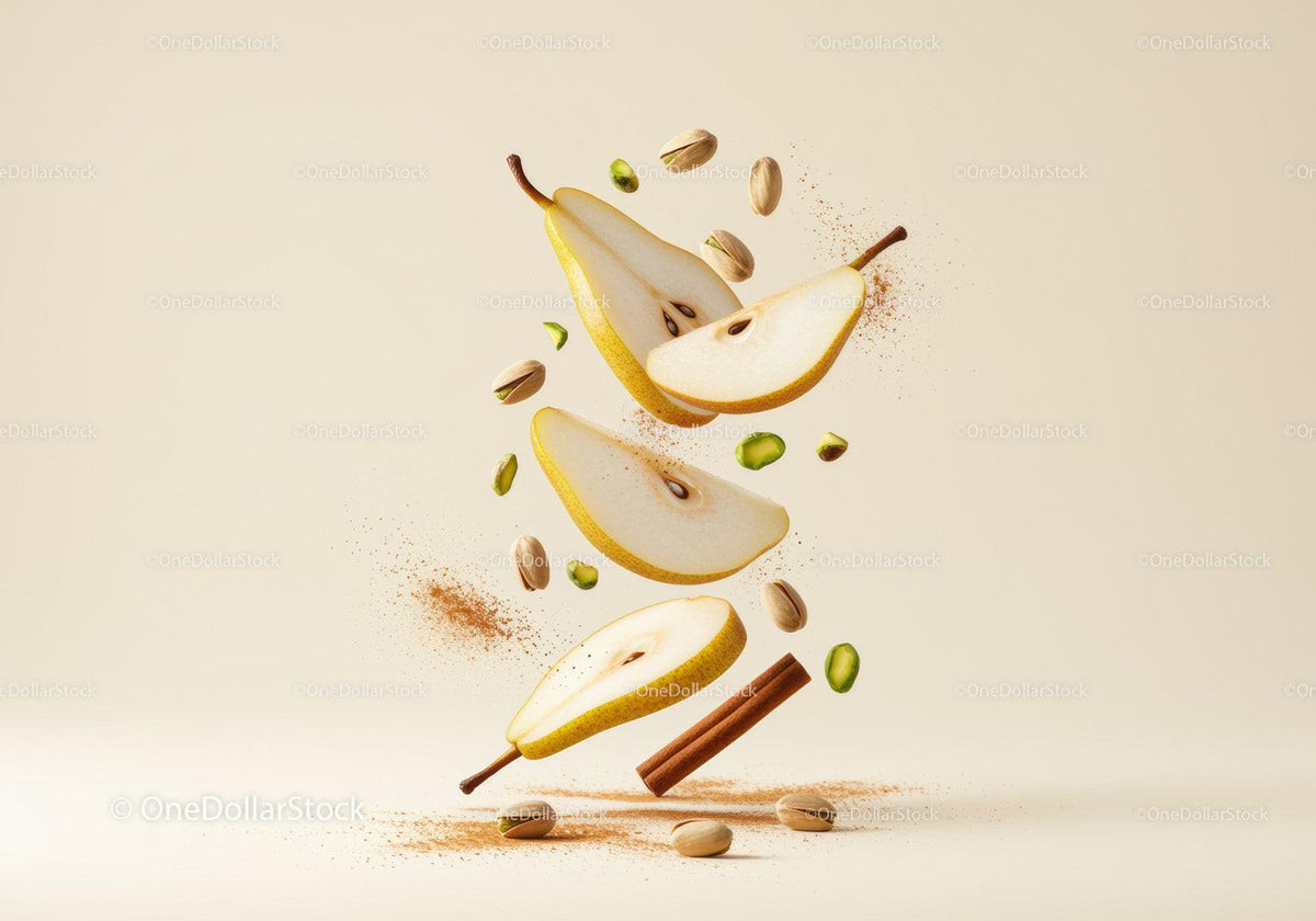 Floating pear slices with pistachios and cinnamon sticks