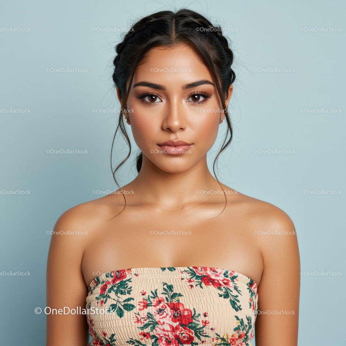 Beautiful Woman with Braided Hair and Floral Top in Studio Portrait