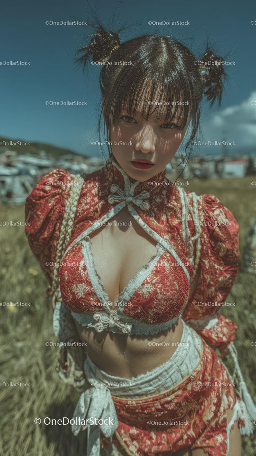 Vibrant Young Woman in Red Qipao Outdoor Summer Portrait