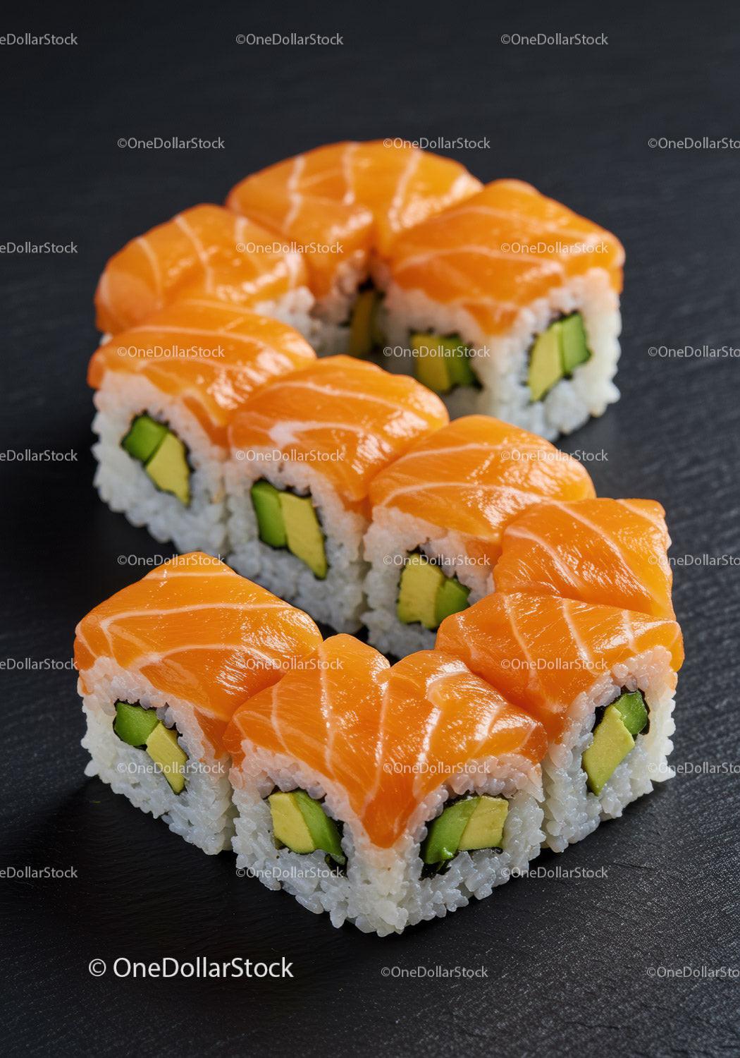 Fresh salmon sushi rolls with avocado on black slate