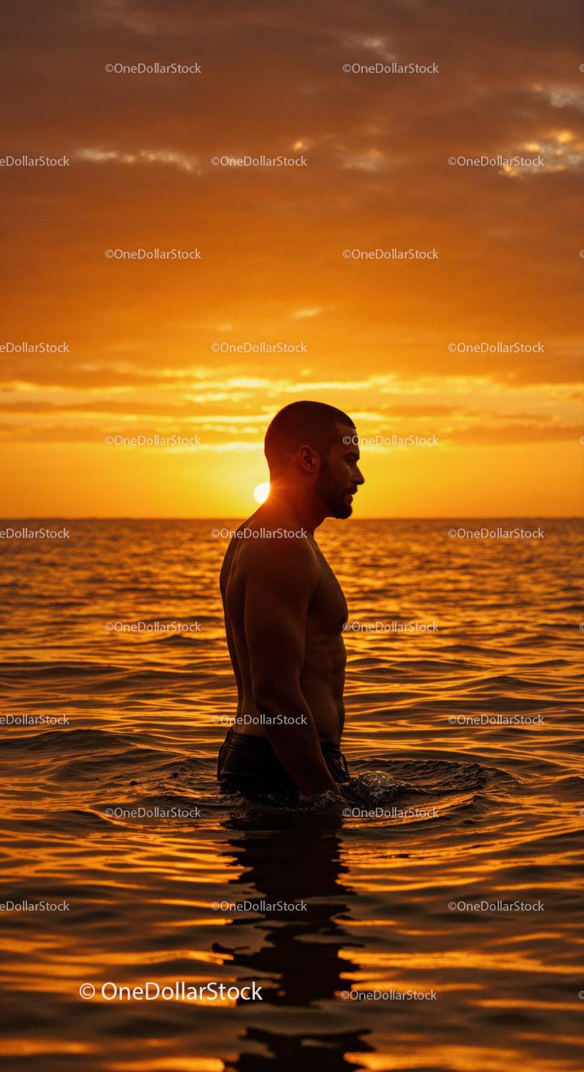 Serene Man Swimming in Ocean During Vibrant Sunset Stock Photo Bundle preview 9