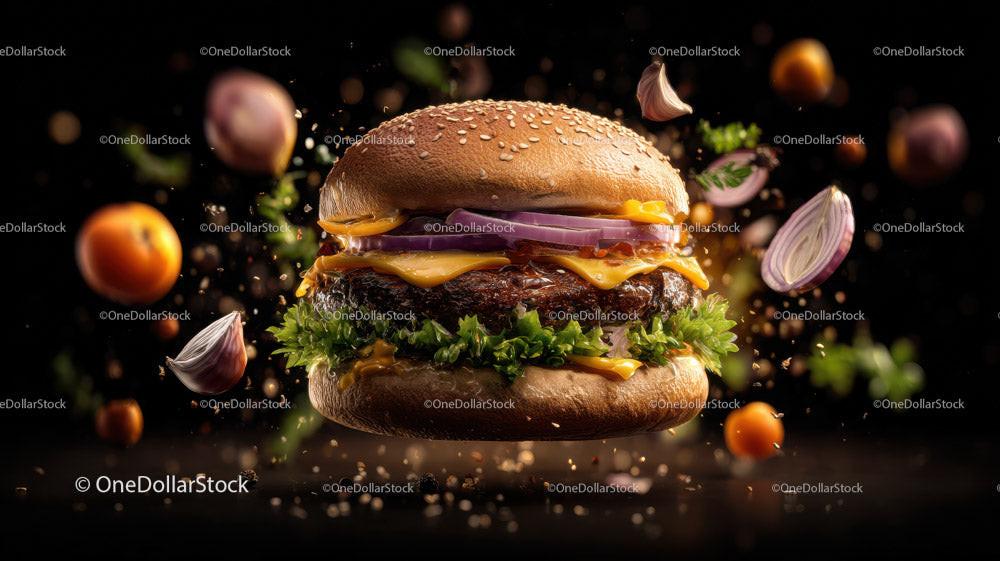 Juicy Gourmet Burger with Fresh Vegetables on Dark Background Stock Photo Bundle preview 13