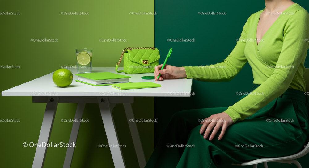 Stylish Woman in Green with Refreshing Drink in Modern Workspace Stock Photo Bundle preview 14