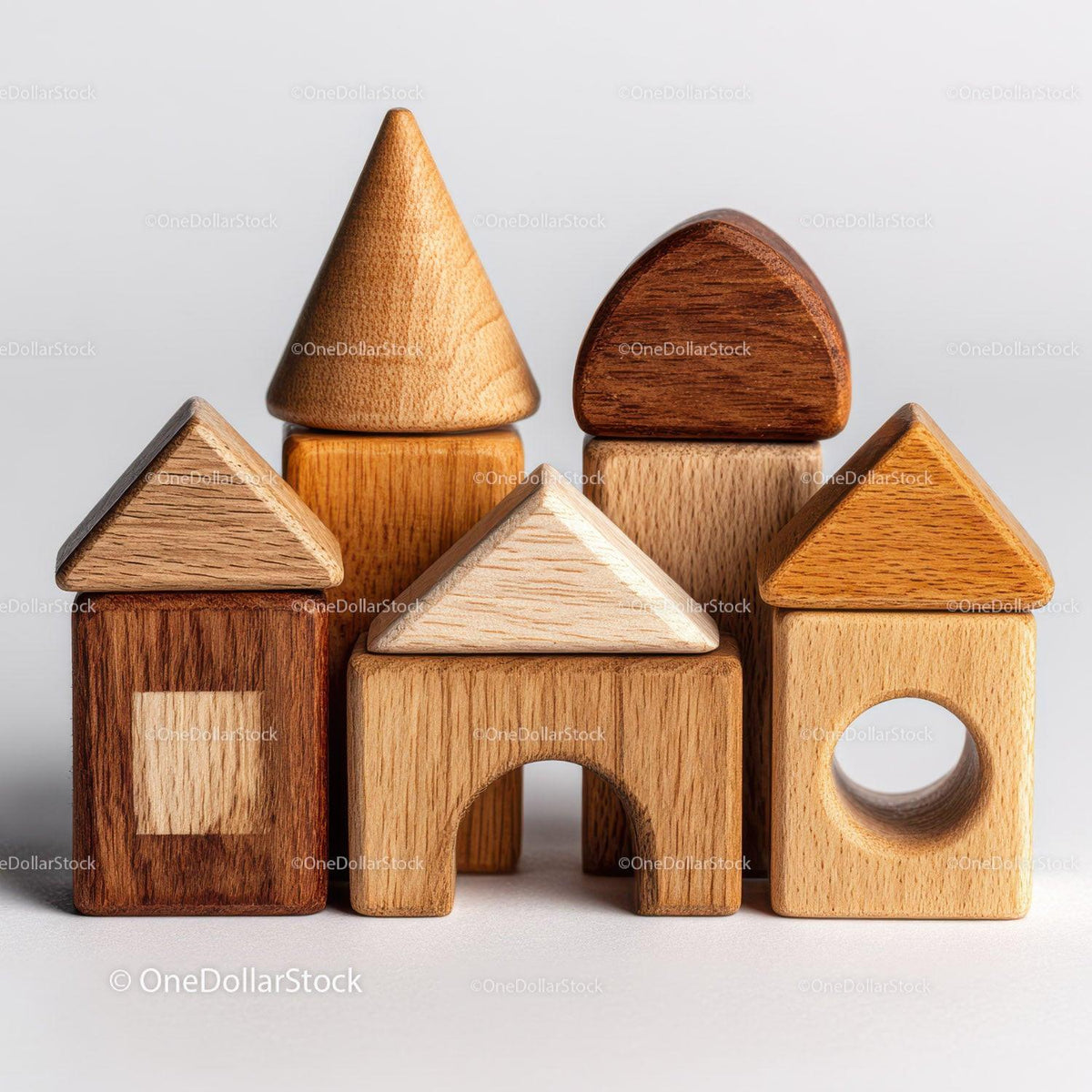 Group of six wooden toy blocks with triangles, rectangles, cone, and half circle shapes in natural wood colors