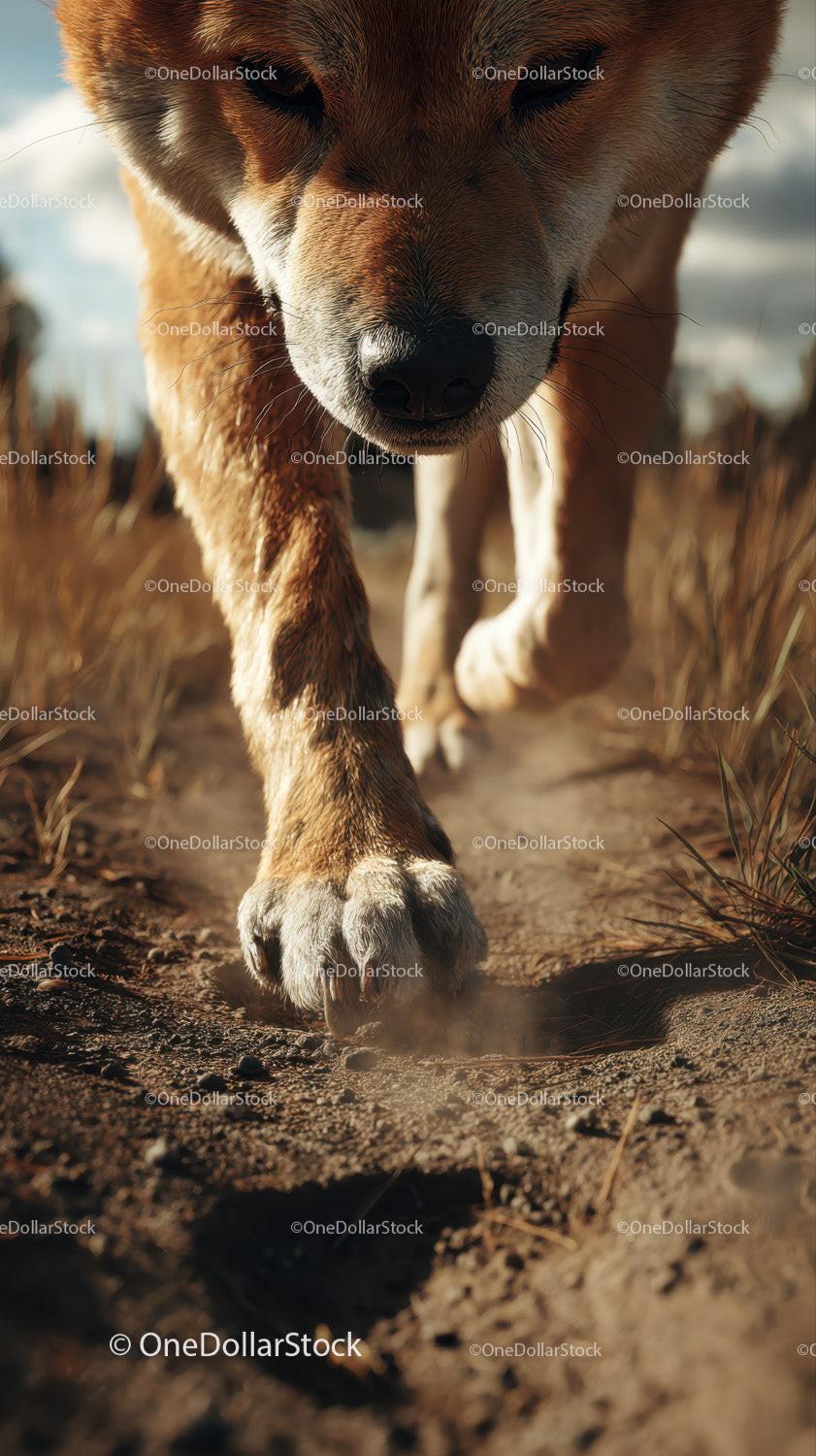 Close-Up of Furry Dog Walking on Dirt Path in Outdoor Environment
