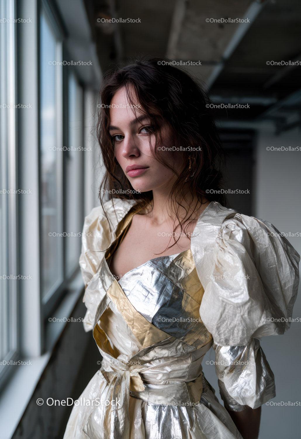Stylish Young Woman Wearing Metallic Dress with Puff Sleeves