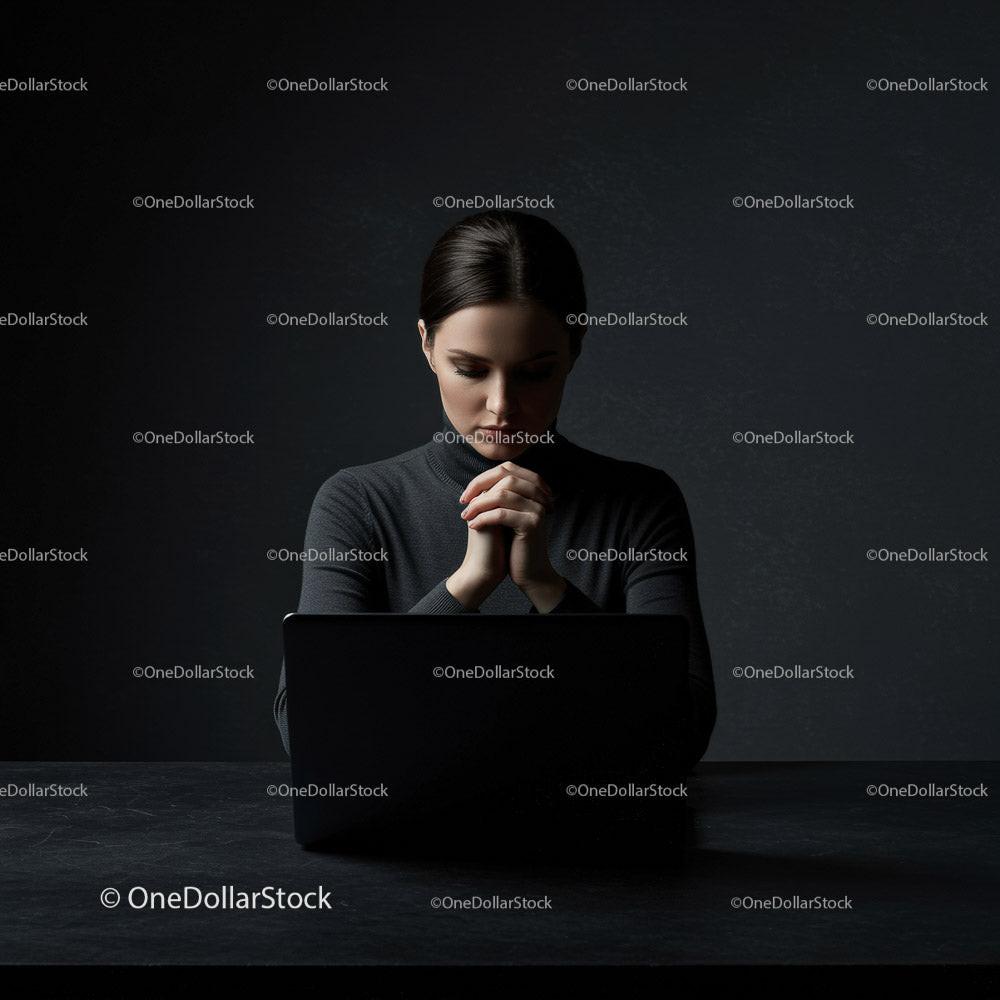 stock photo bundle made with Thoughtful Woman at Laptop in Dark Modern Workspace Stock Photo Bundle