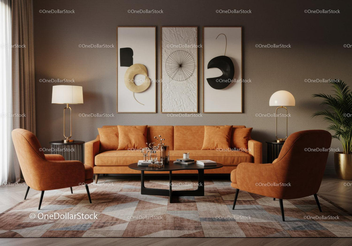 Cozy Living Room with Modern Orange Seating and Art
