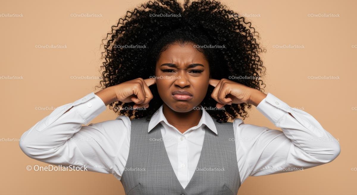 Frustrated Woman Covering Ears in Office Wear Expressing Discontent