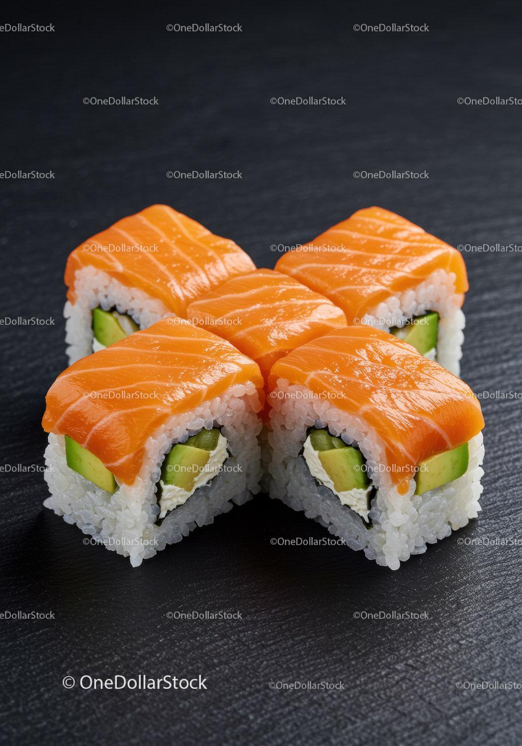 Fresh salmon avocado sushi rolls on black surface