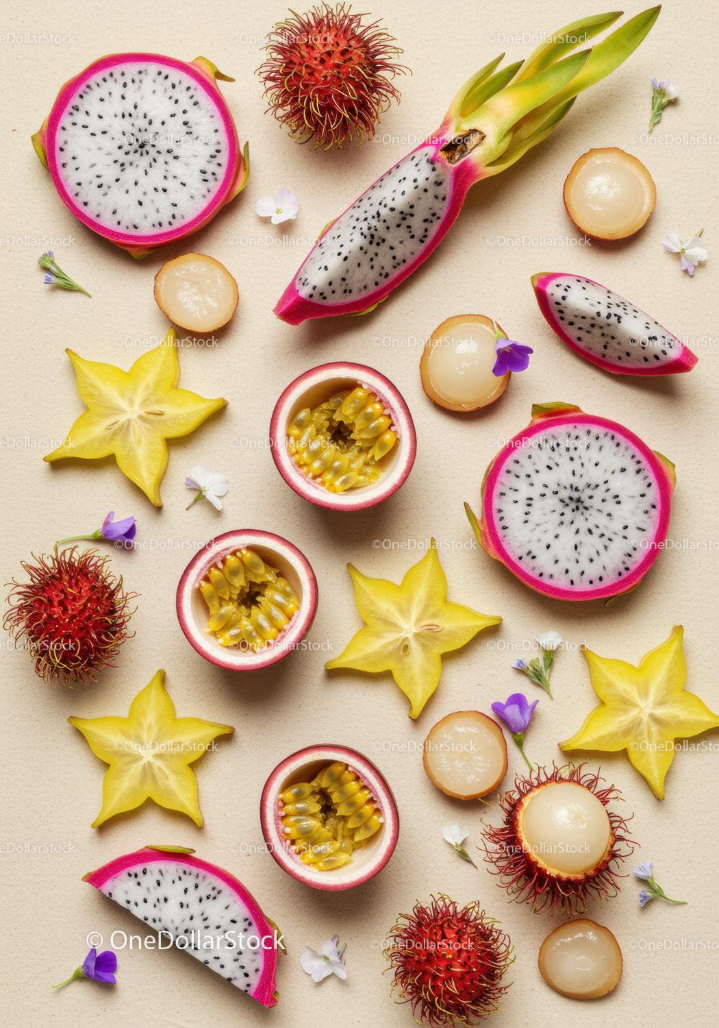 Exotic tropical fruits including dragon fruit and rambutan