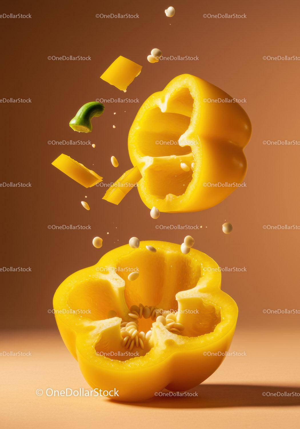 Sliced yellow bell pepper with flying seeds