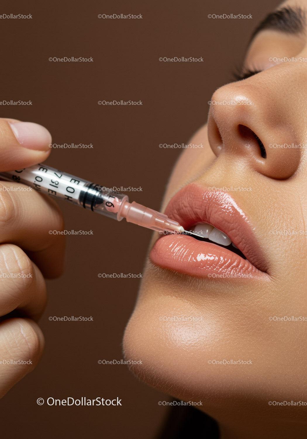 Close-up of Woman Applying Lip Gloss with Shiny Lips