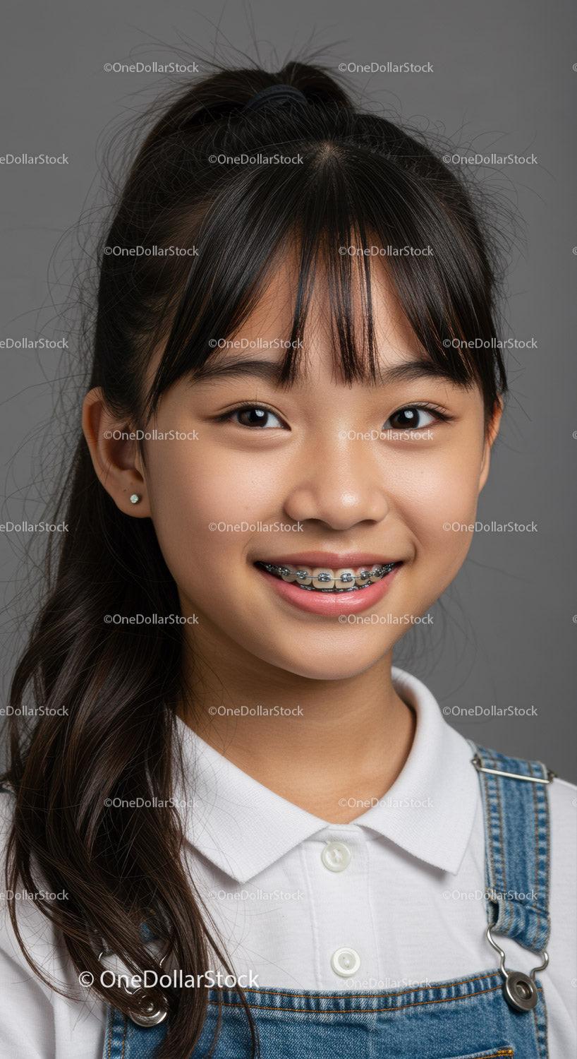 Happy Teenage Girl with Braces Wearing Denim Overalls and White Polo