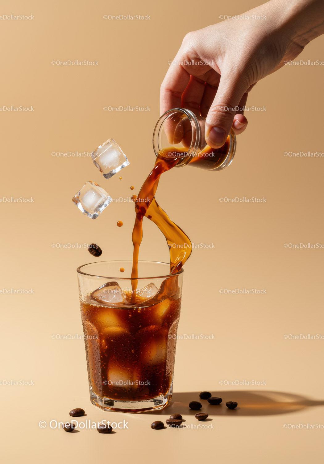 Pouring Cold Brew Coffee Over Ice Cubes with Coffee Beans