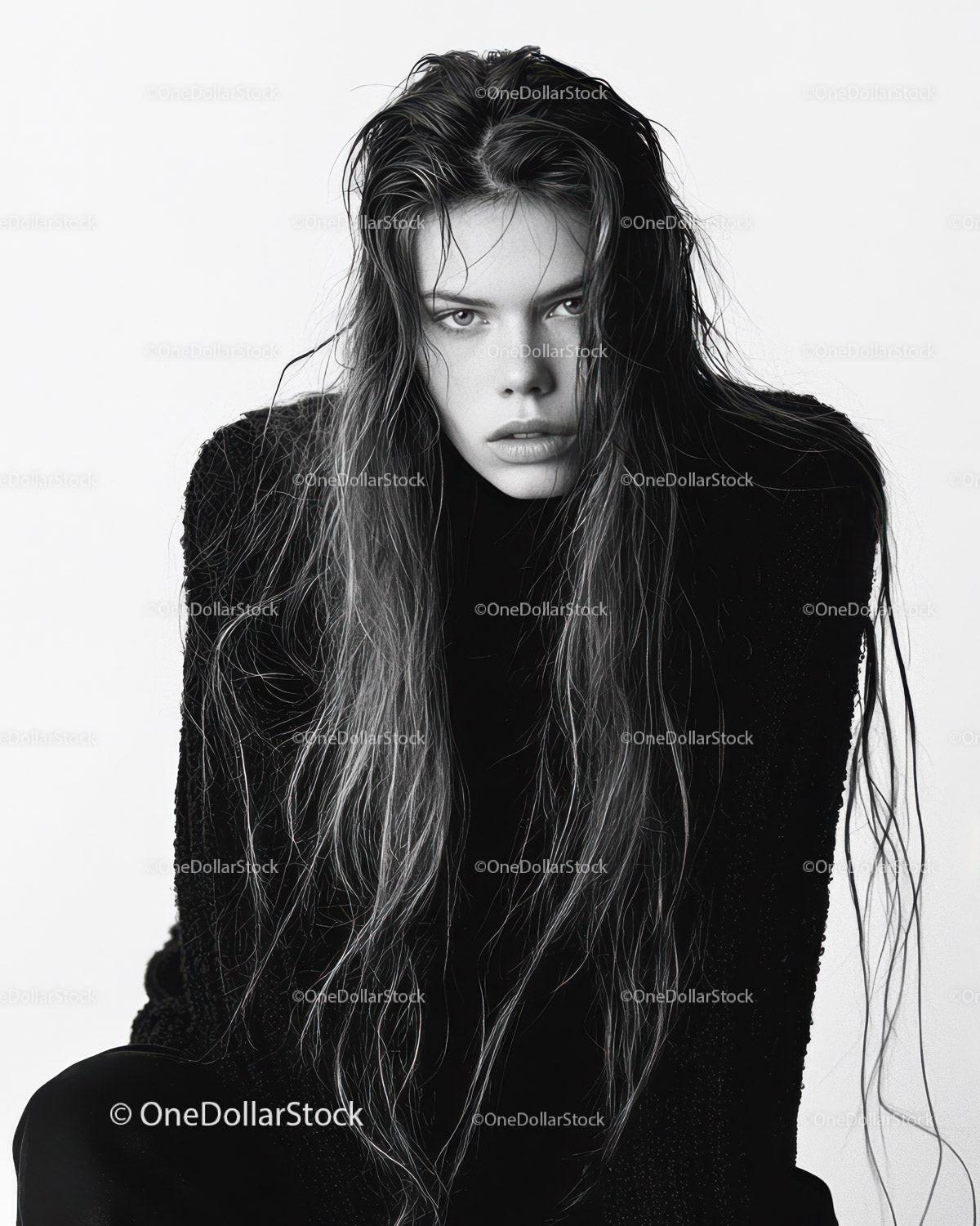 Elegant Monochrome Portrait of a Woman with Long Hair and Intense Expression