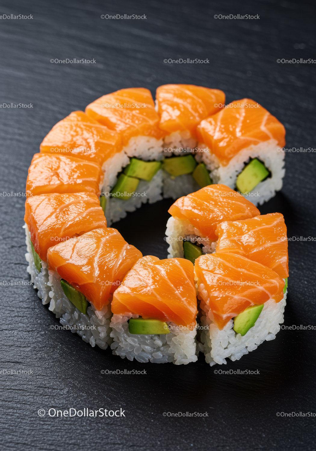 Fresh Salmon Avocado Sushi Rolls on Black Slate