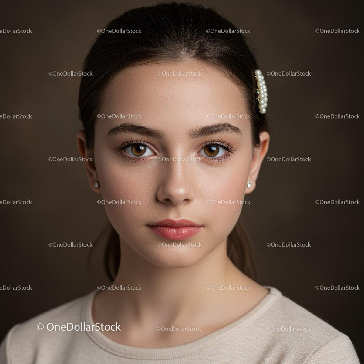 Elegant Female Portrait with Brown Eyes and Pearl Hairpin