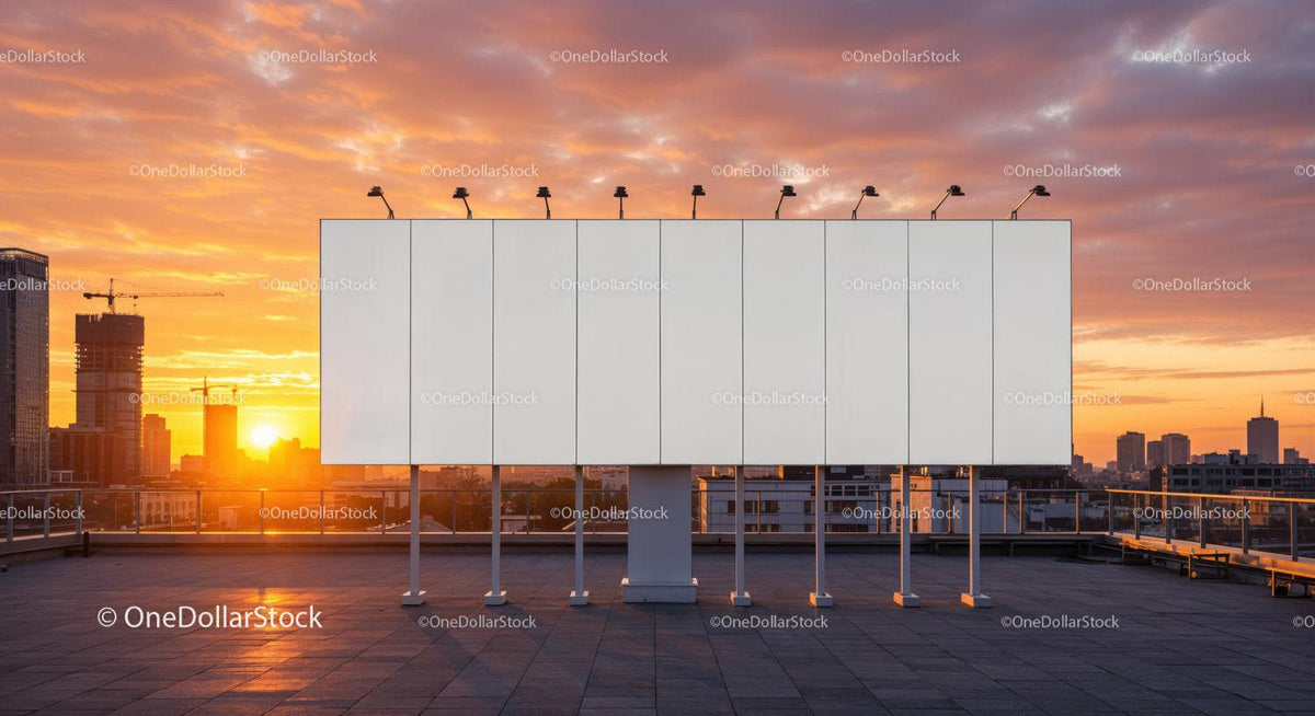 Blank Billboard on Rooftop with City Skyline at Sunset JPG Mockup Image preview