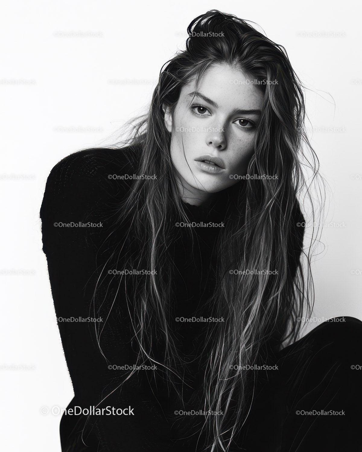 Black and White Portrait of a Woman with Wet Hair and Intense Expression