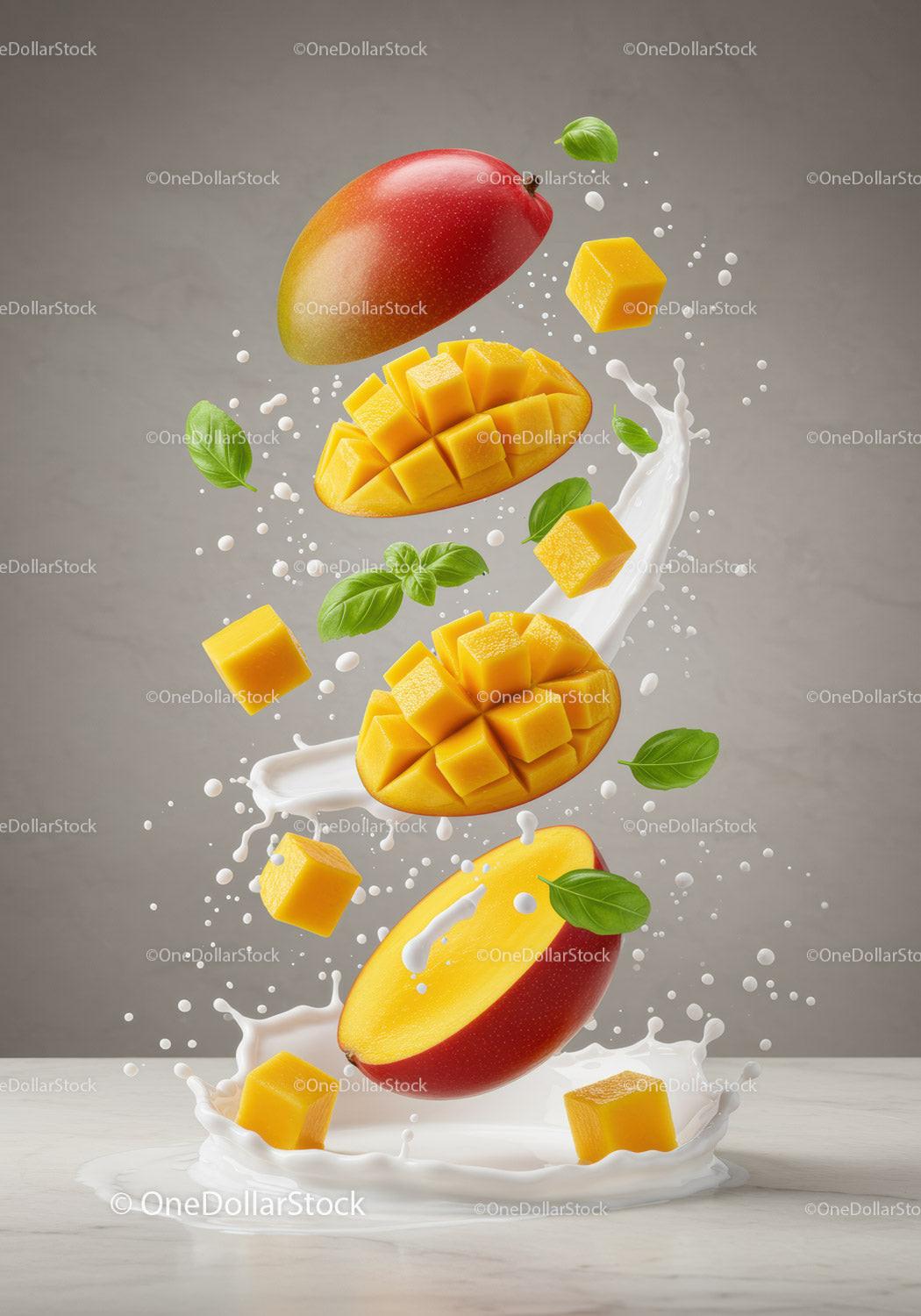 Fresh Mango Cubes with Basil Leaves and Splashing Milk