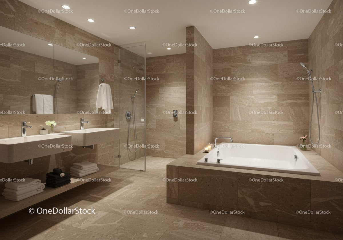 Modern Beige Marble Bathroom with Double Sink and Bathtub