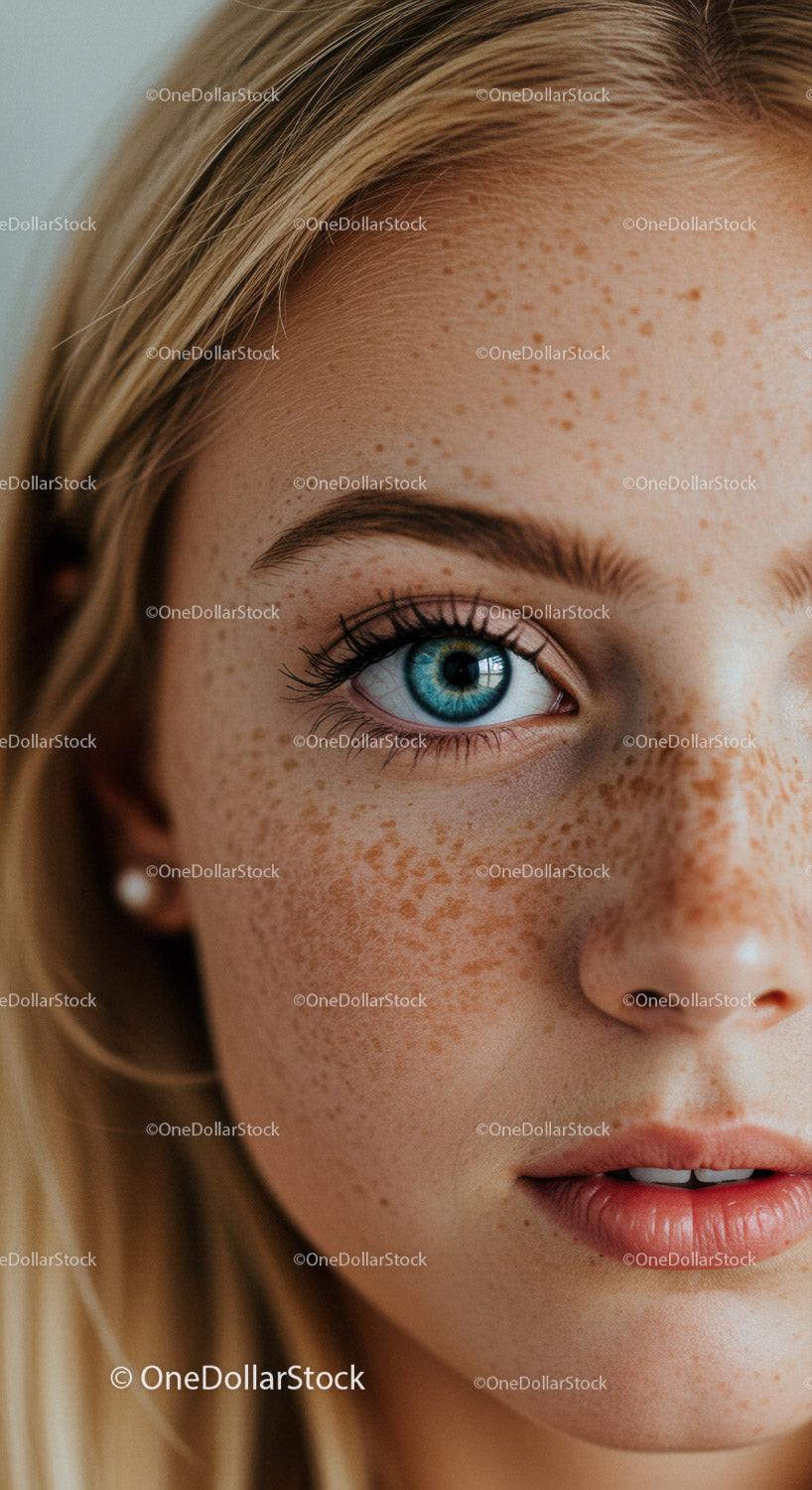 Close-up of young woman with blue eyes and freckles