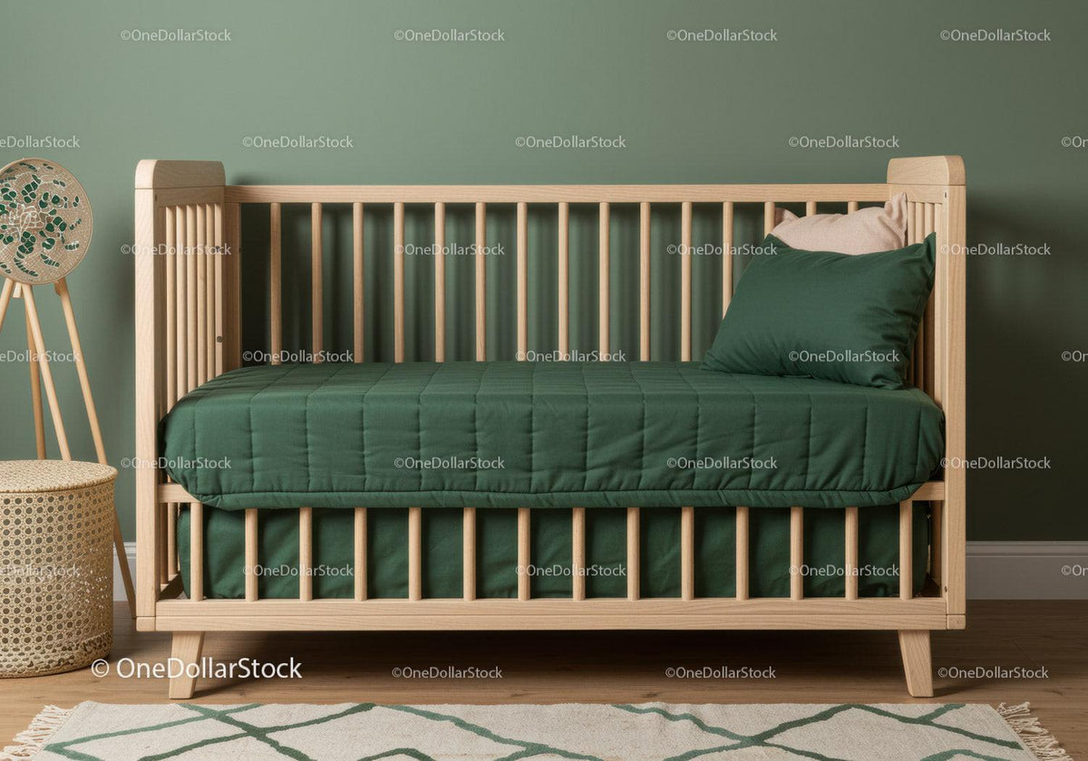Wooden Toddler Bed with Green Bedding in Modern Nursery Room