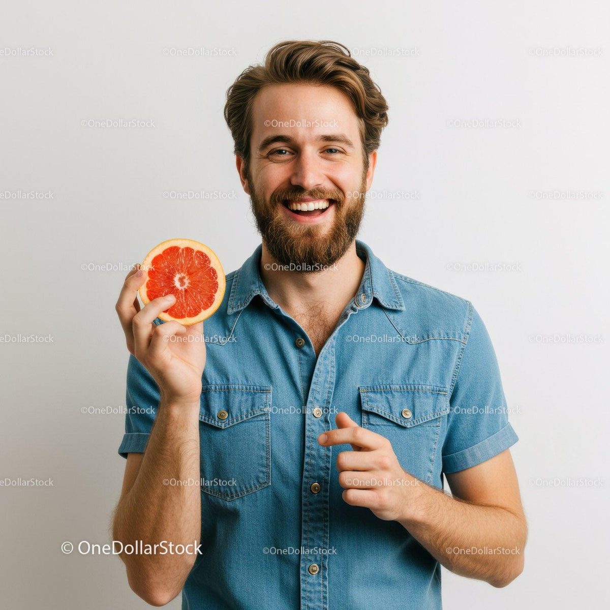 Smiling Man Holding Fresh Grapefruit Relaxing Indoors