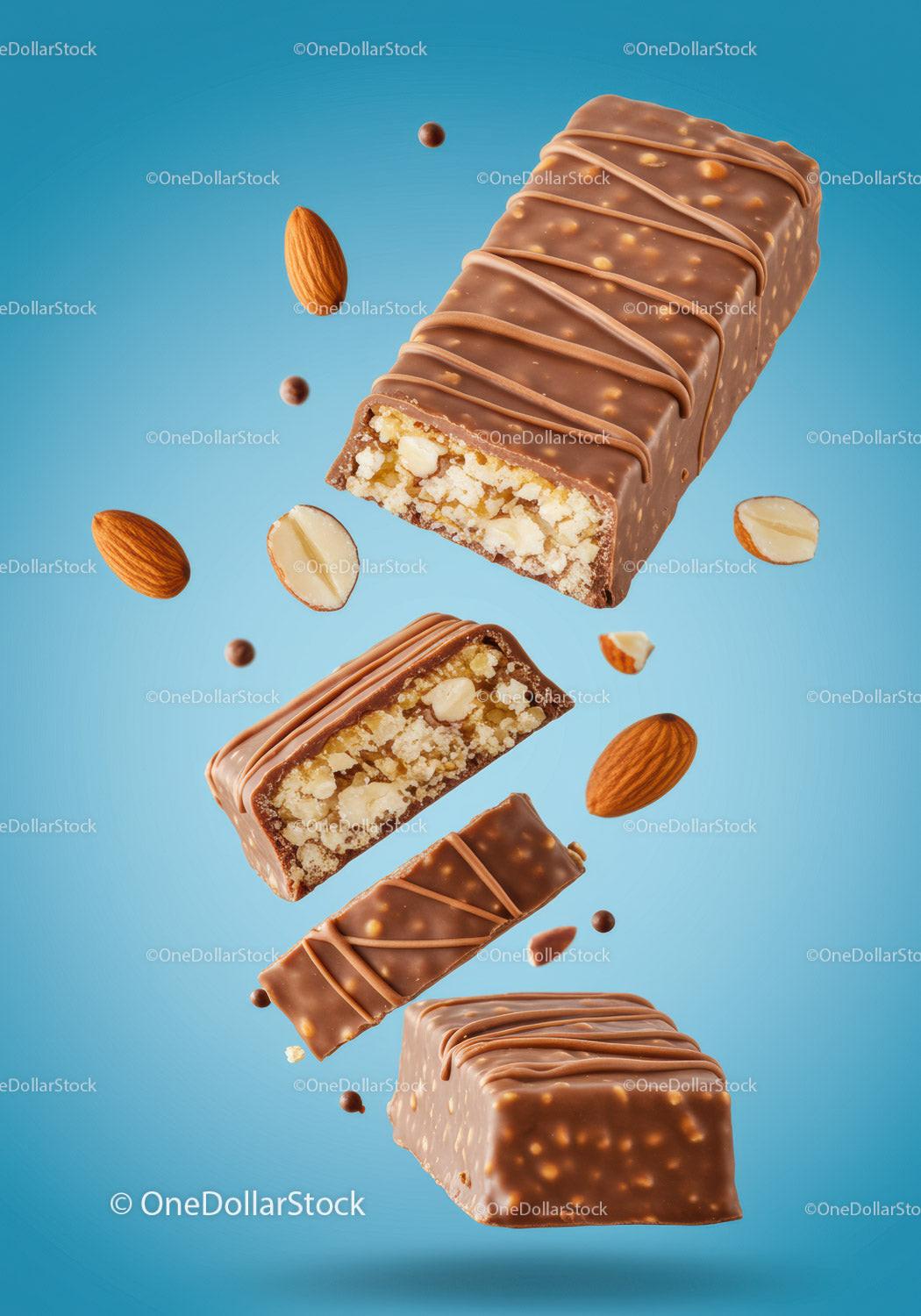 Milk Chocolate Almond Protein Bars on Blue Background