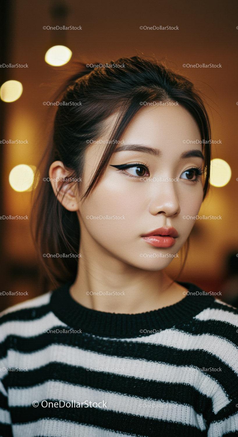 Elegant Young Woman with Winged Eyeliner and Stylish Hair