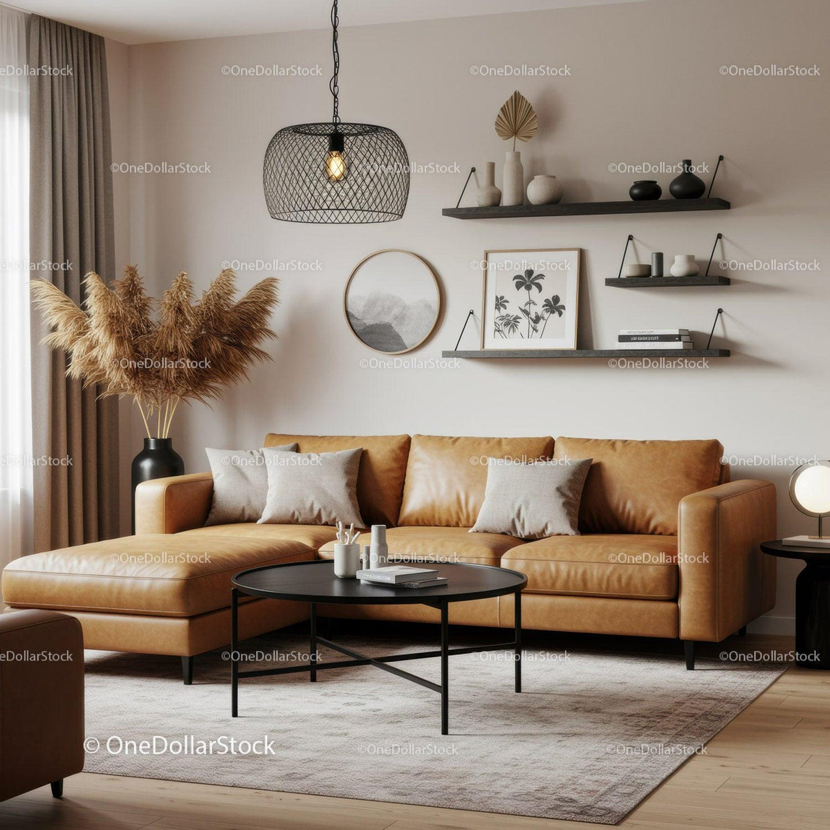 Modern living room with cozy leather sectional sofa