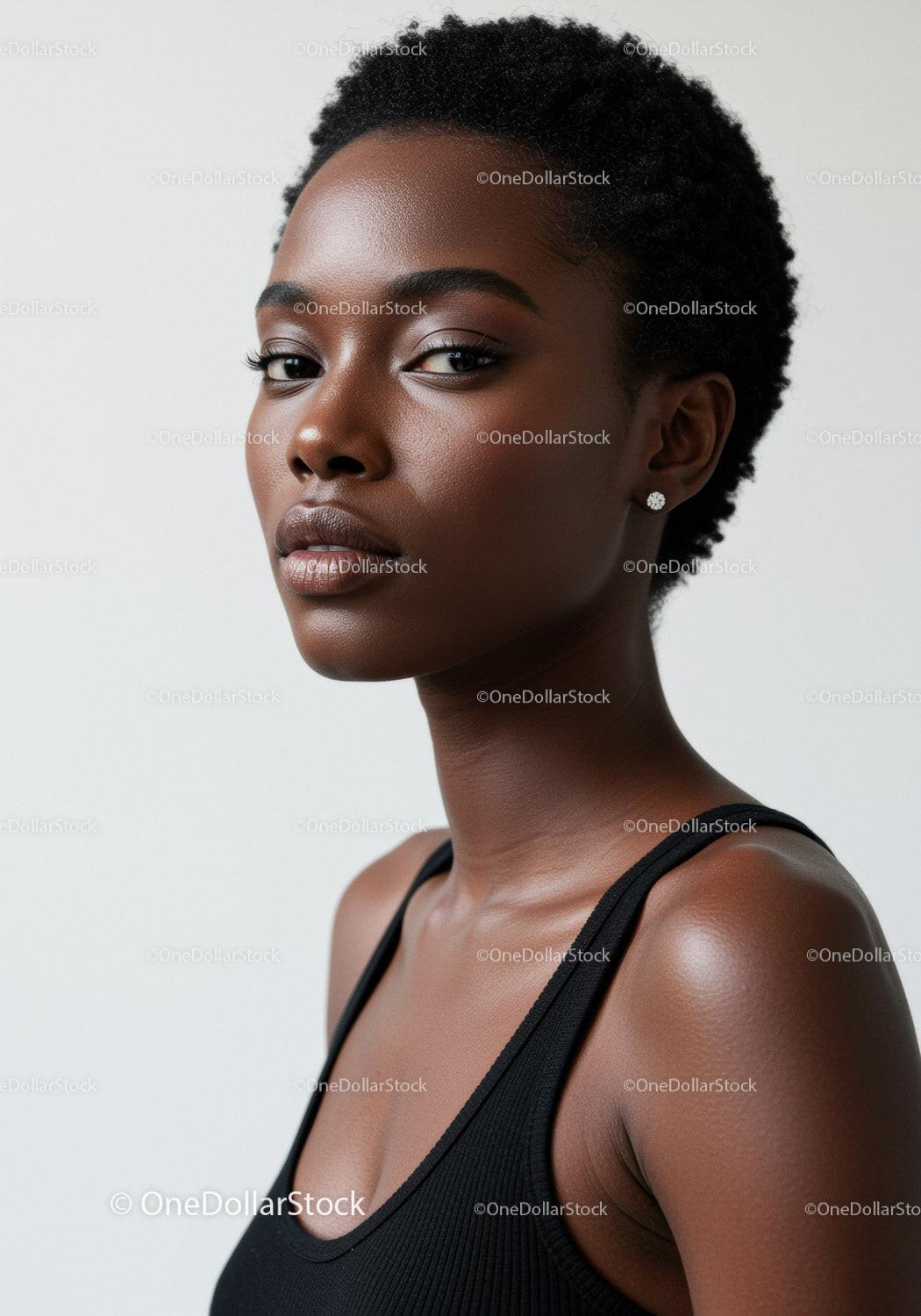 Elegant Black Woman Portrait with Short Curly Hair and Natural Makeup