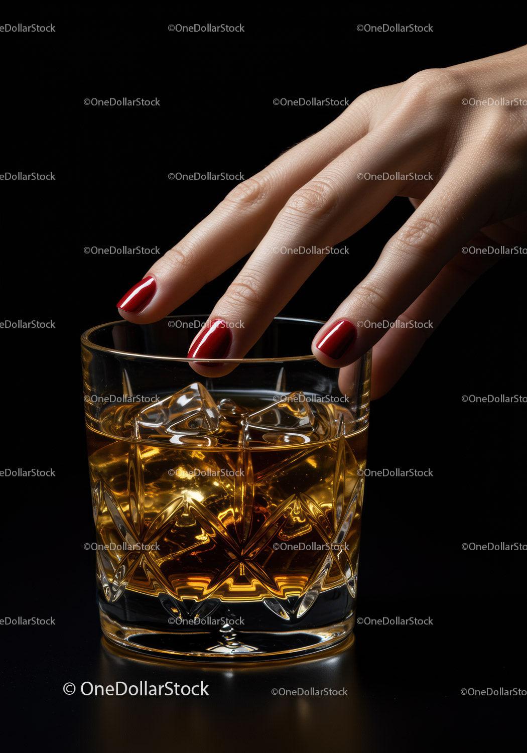 Woman's hand reaching for whiskey glass with ice cubes