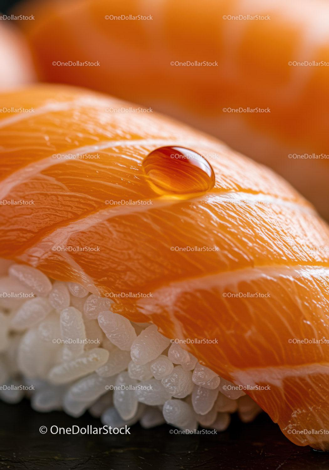 Close up of fresh salmon sushi with water droplet
