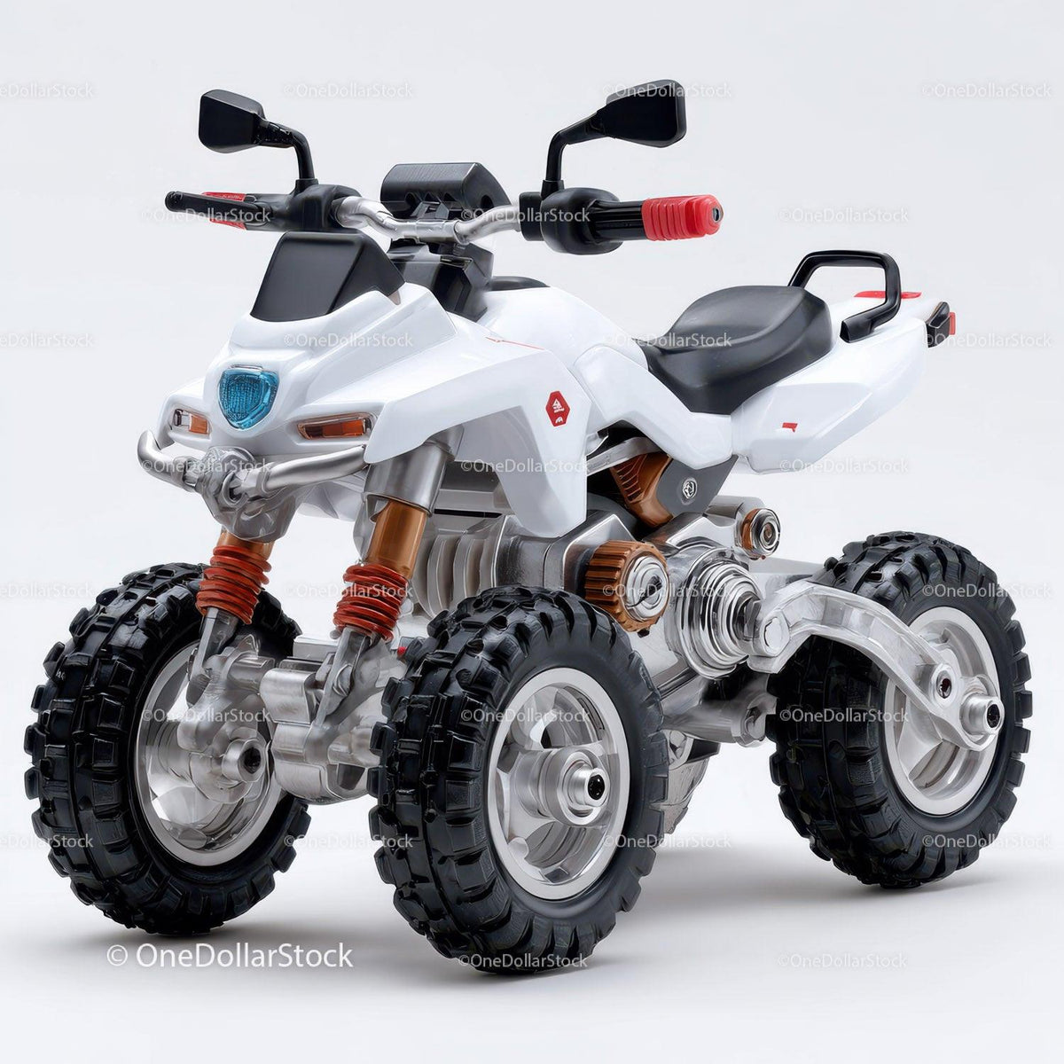 White all-terrain vehicle toy with four black knobby tires and red handle grips