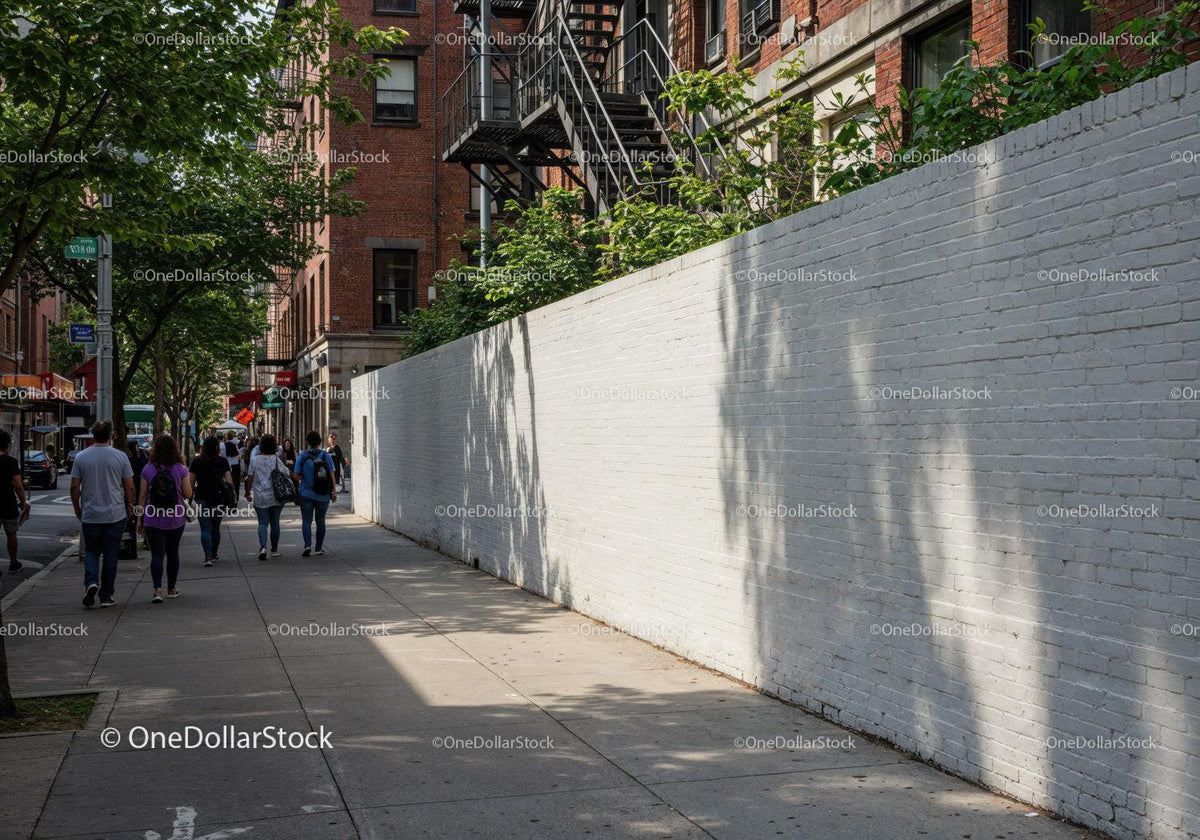 City Street with Pedestrians and Brick Buildings Under Shadow JPG Mockup Image preview