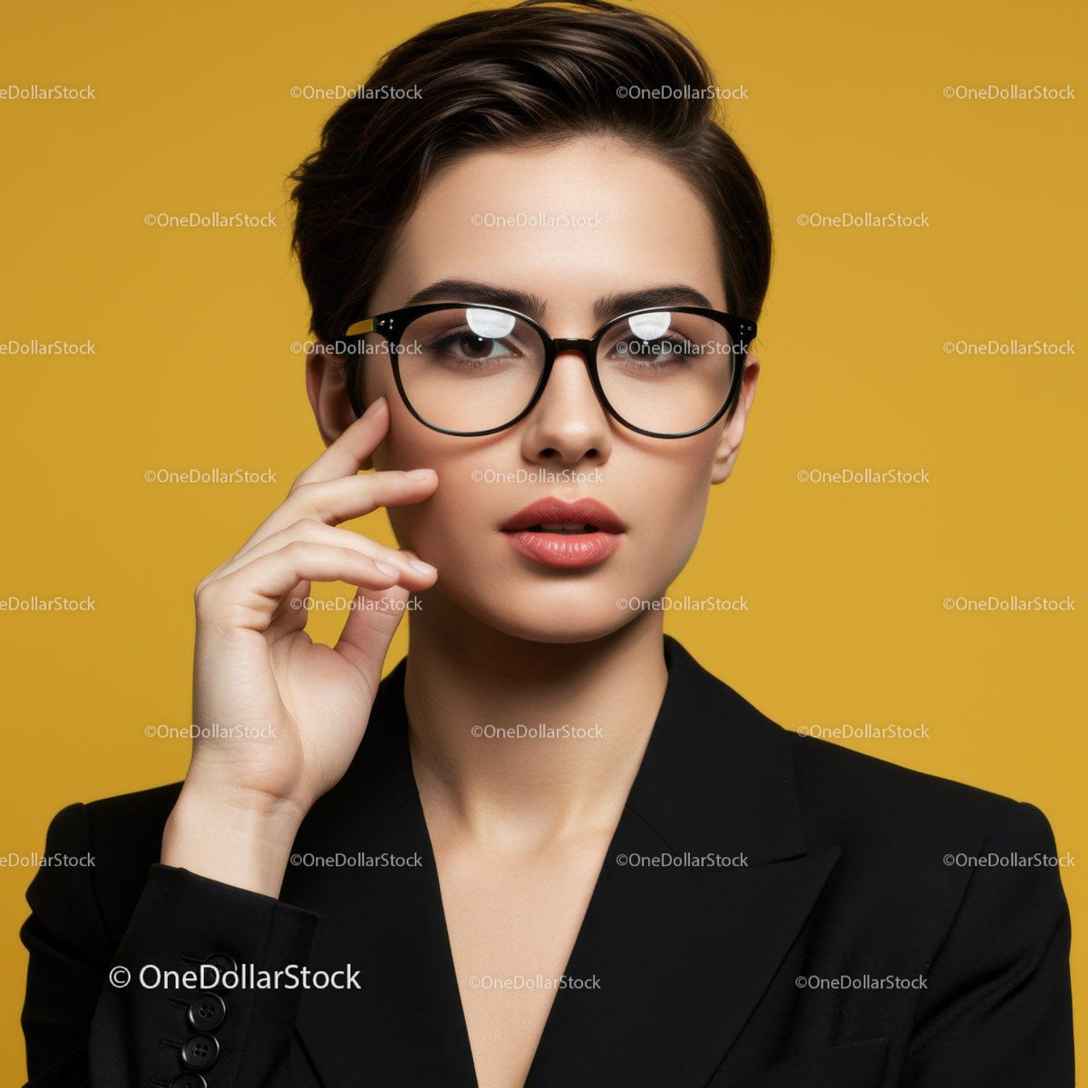 Elegant Woman with Black Frame Glasses in Modern Portrait