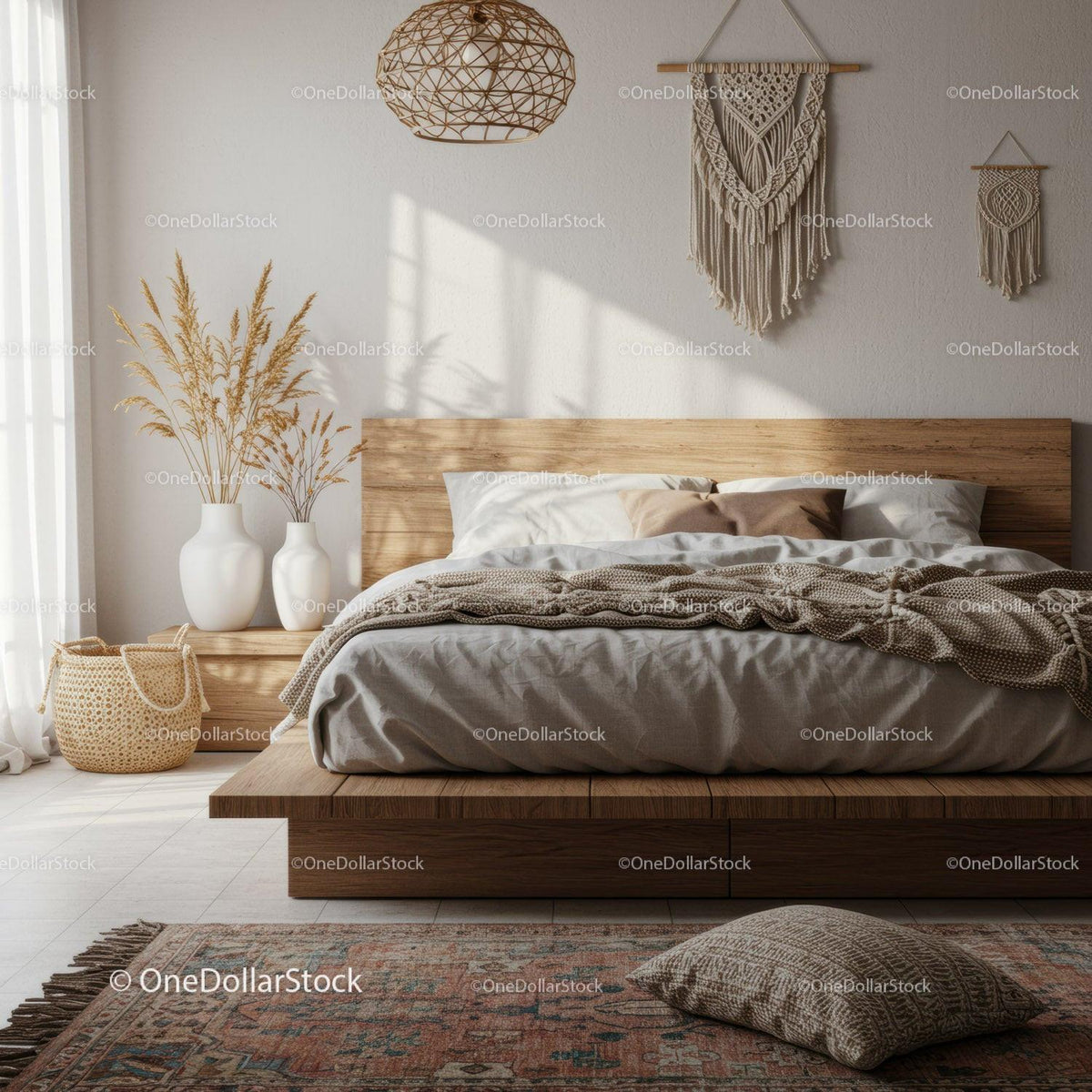 Cozy boho bedroom with natural textures and soft light