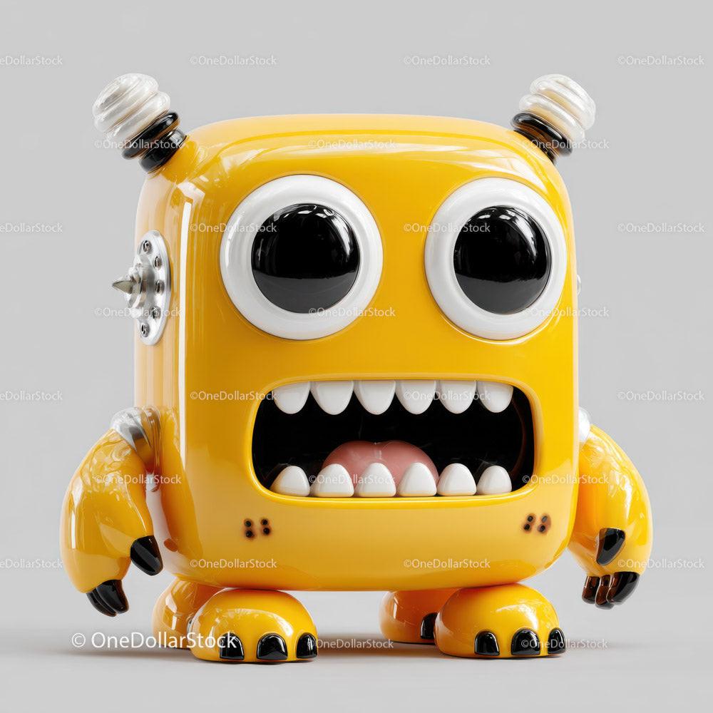 Yellow cartoon robot with big eyes, open mouth, and claw fingers on gray background