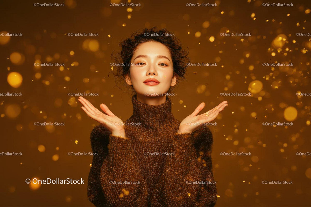 Elegant Woman in Gold Sparkling Dress Amid Festive Confetti